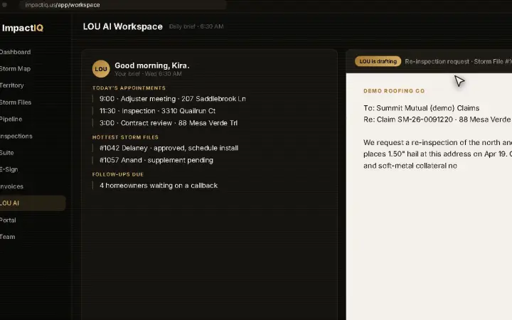 An AI workspace drafting a re-inspection request in the ImpactIQ demo tenant